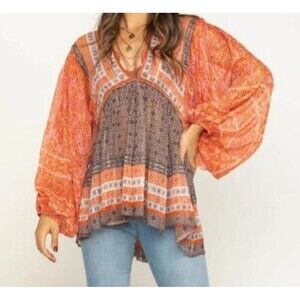 Free People Aliyah Boho Patchwork Tunic Top Sz XS Festival Orange Metallic NWOT